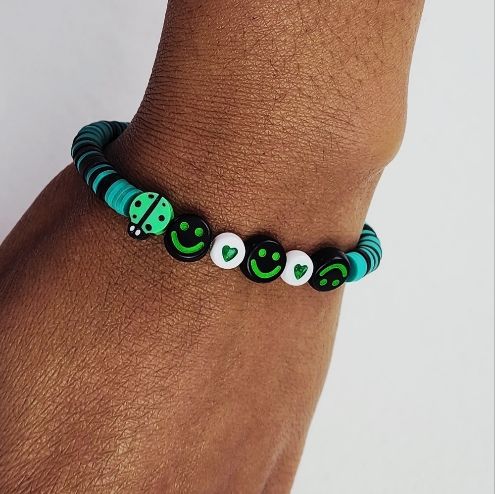 Handmade Green Ladybug Clay Bead  Smiley Face Heart Bracelet